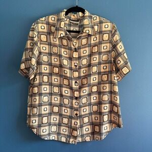 Vintage‎ 90s Notations Blouse Women's Size Large Tan Square Button Up Retro